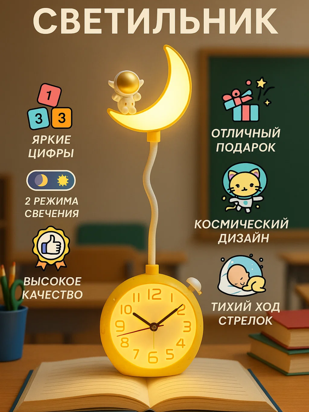 Замечательные настольные часы-лампа на батарейках и будильник для детской комнаты. Яркие цифры, 2 режима освещения, качественный материал и космический дизайн. Отличный подарок.