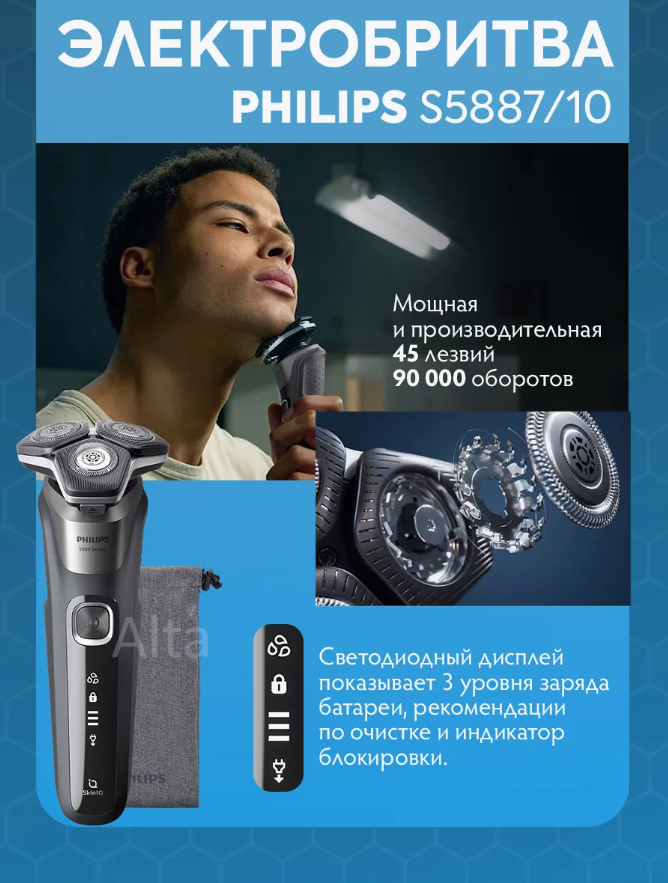 Электробритва роторная Philips S5887, 3 бреющих элемента, плавающая головка — фото 1