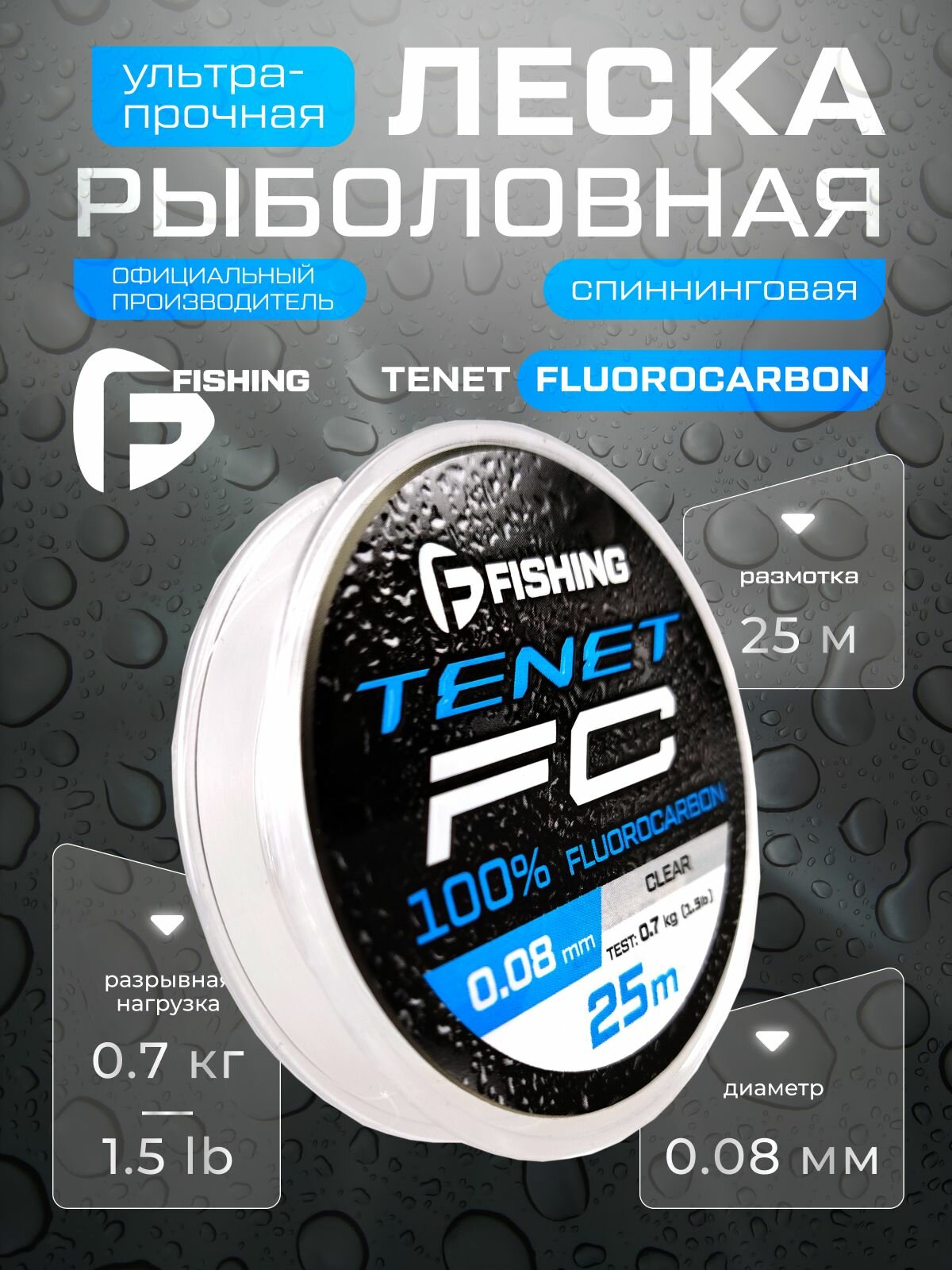 F FISHING Леска Tenet Fluorocarbon 25м 0 08мм 0 7кг 1 5lb