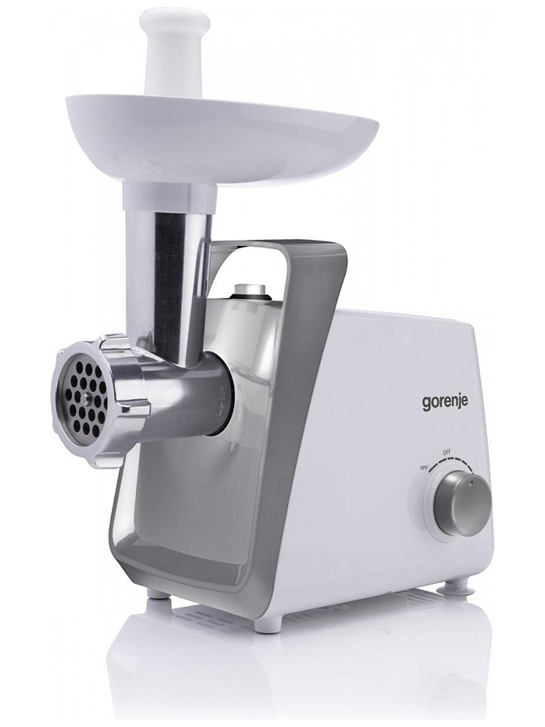 Мясорубки Gorenje MG1601W мощностью 1600 Вт, реверс, Производительность 2.2 кг/мин, Толкатель, Функция обратного хода