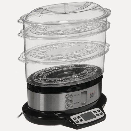 Изображение товара Пароварка электрическая GFGril GFS-7DSS серебристый/черная, 3 яруса, электронное управление, 6 программ, 800Вт