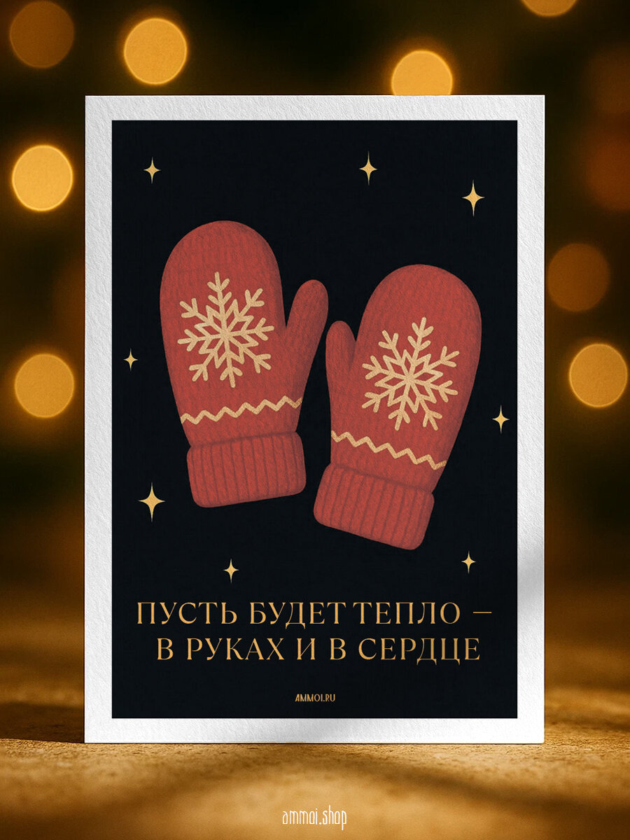 Открытка с Новым годом 2026 «Пусть будет тепло — в руках и в сердце» (А6) с конвертом, дизайнерская бумага