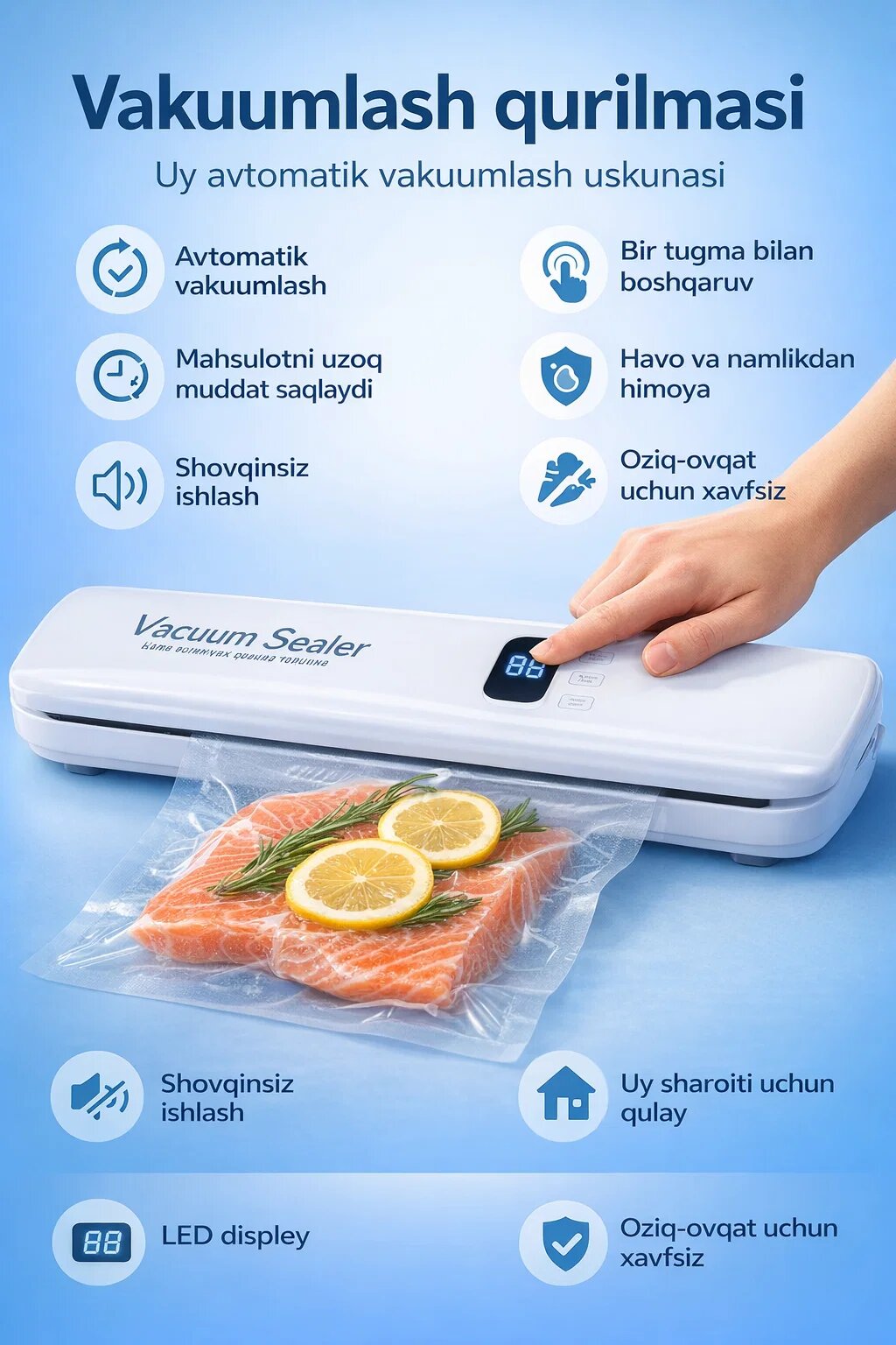 Vacuum Sealer – автоматический вакуумный упаковщик для дома с цифровым дисплеем