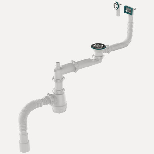 Изображение товара AQUANT сифон для мойки 1.1/2х40 со смещением, переливом и отводом, гибкая труба 40х40/50