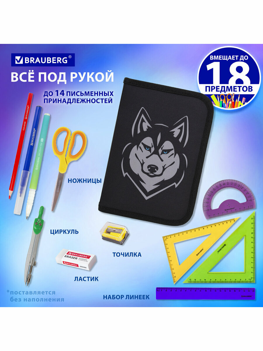 Пенал школьный для мальчика / подростка для ручек, карандашей Brauberg, 1 отделение, полиэстер, 21х14 см, Husky, 271532 — фото 1