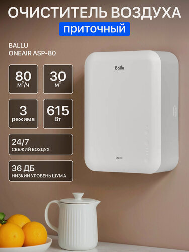 Изображение товара Очиститель воздуха приточный компактный Ballu ONEAIR ASP-80, 600 Вт, 80 м3/час