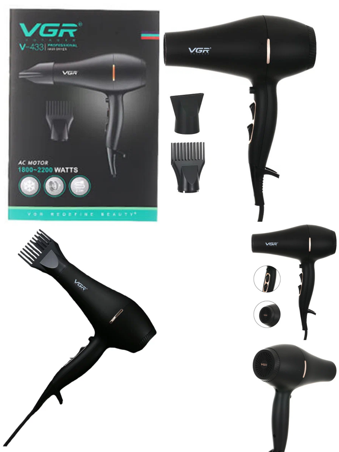 Фен VGR V 433, 3 температурных режима, 2 скорости, ионизация, легкий, удобный