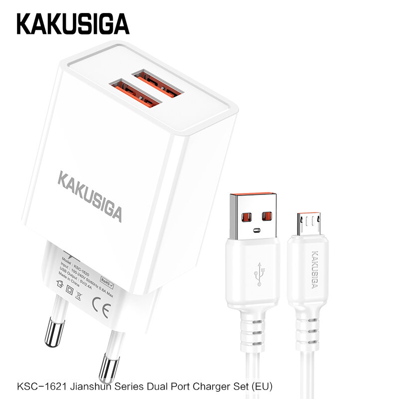 Универсальное сетевое зарядное устройство KAKUSIGA KSC-1621 с кабелем Micro USB, белое