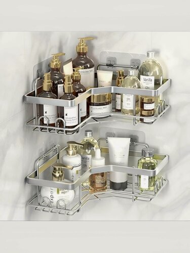 Изображение товара Угловая Полка Для Ванной Комнаты, Туалета И Кухни Для Хранения Принадлежностей, Шампуней, Мыла, Крема. Самоклеящаяся На Липучках, Без Сверления. Открытая, Ярусная, Металлическая, Настенная. 2шт.