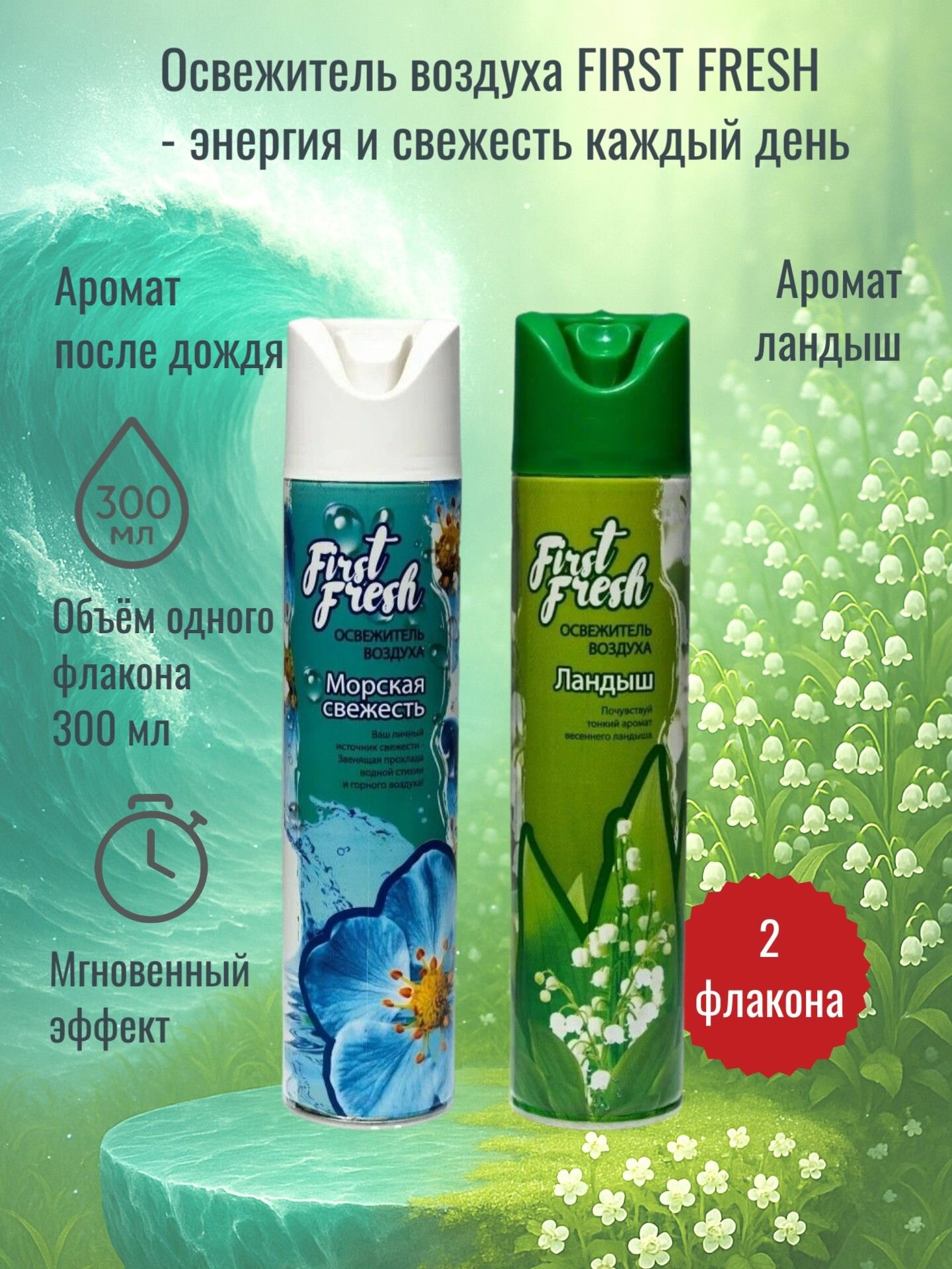 Освежитель воздуха аэрозольный набор Морская волна 300 мл Ландыш 300 мл