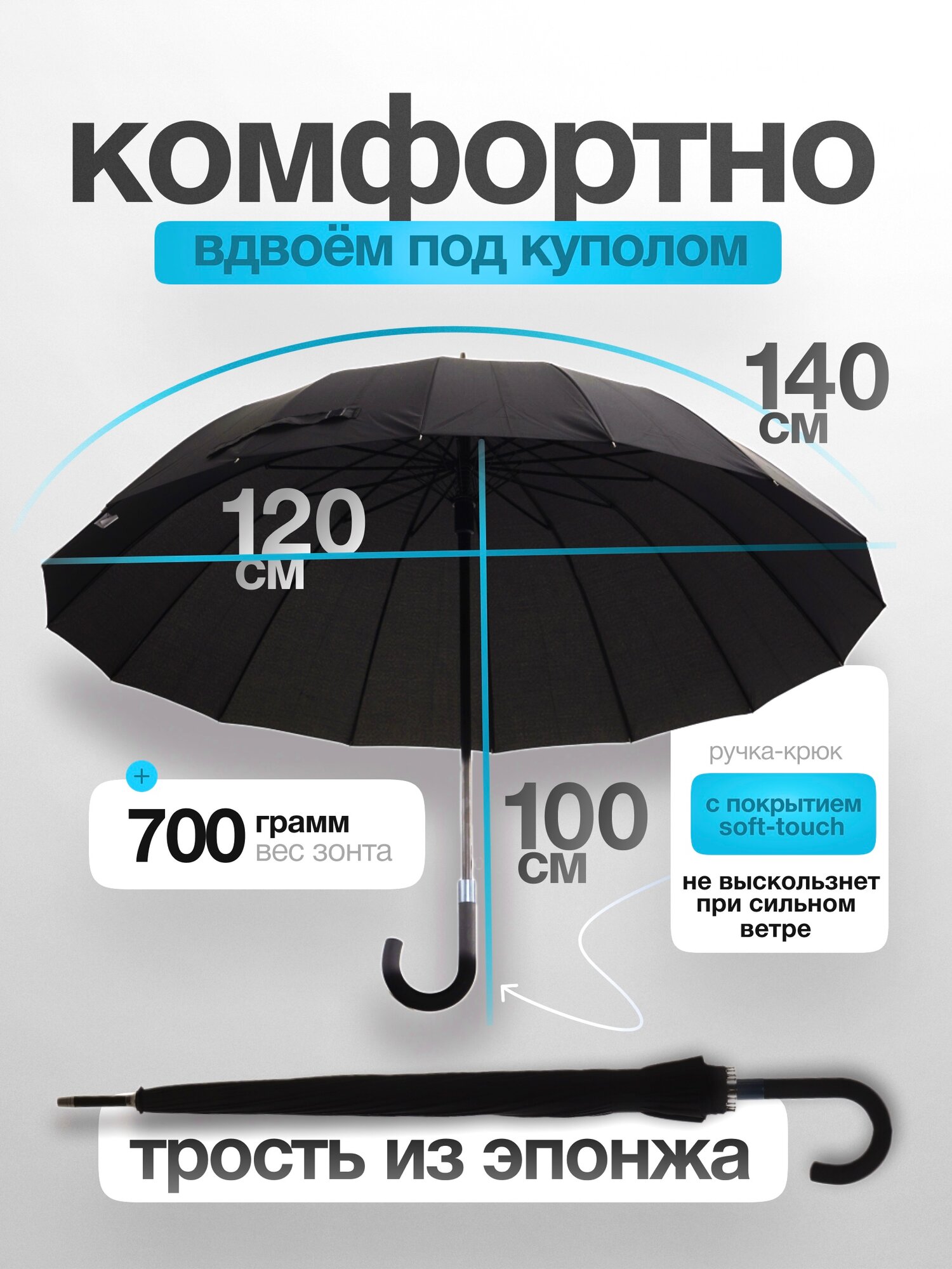 Зонт-трость RAINDROPS, черный.. — фото 1