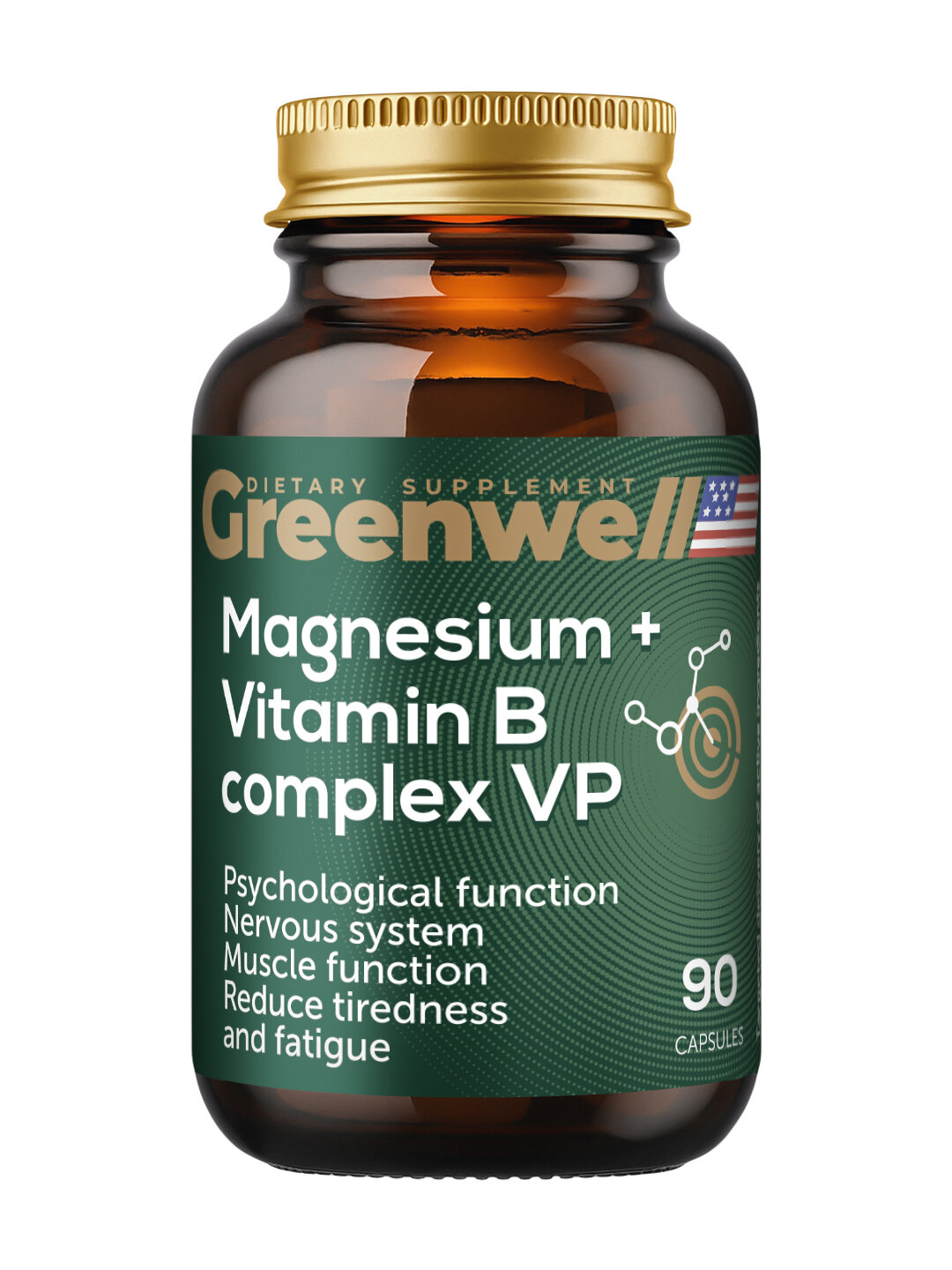 Магний + B комплекс — спокойствие, энергия и здоровье нервной системы, 90 капсул, Greenwell