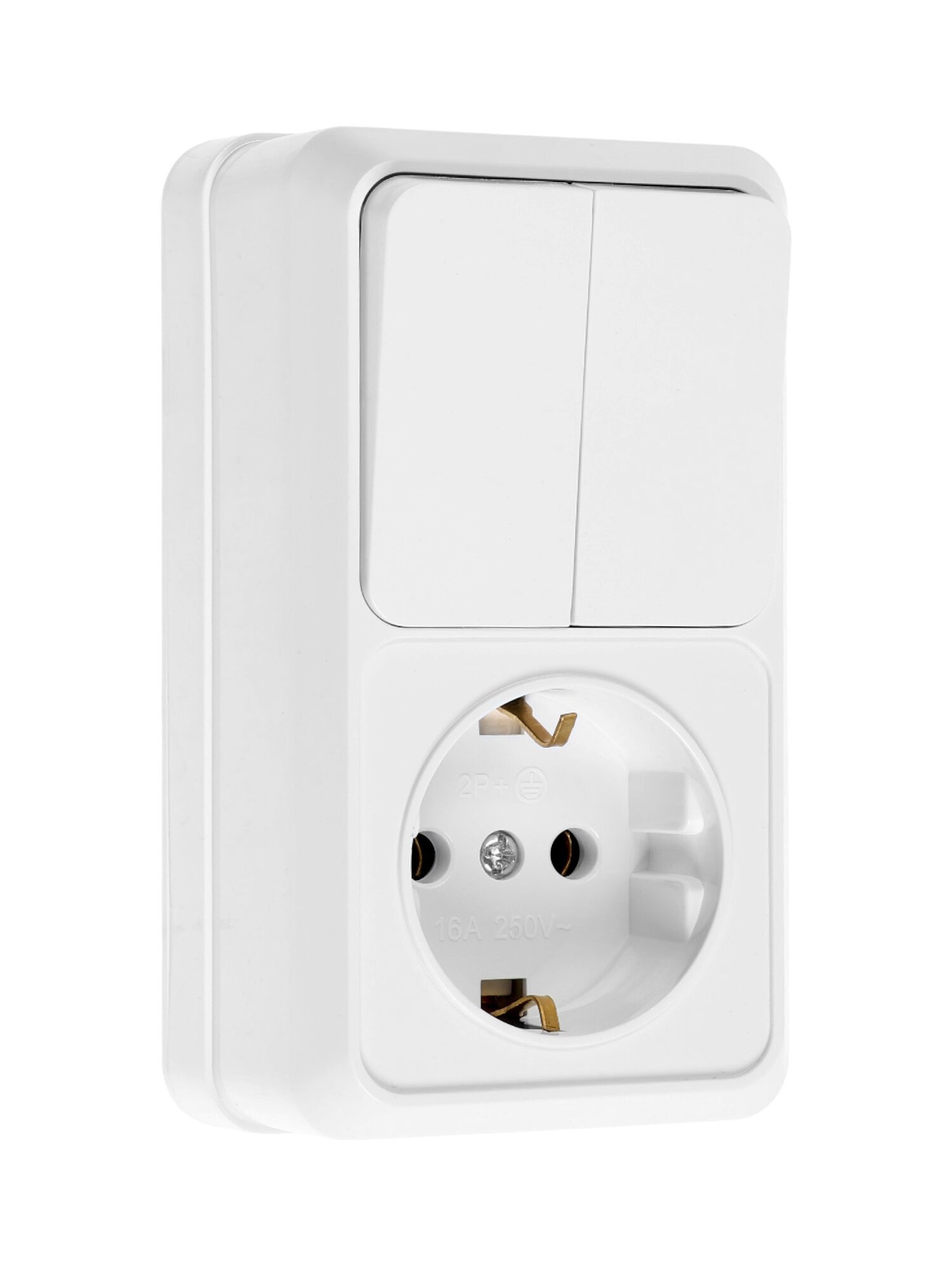 Выключатель двухклавишный с розеткой TANGO, 16 А, IP20, вертикальный, с заземлением, белый