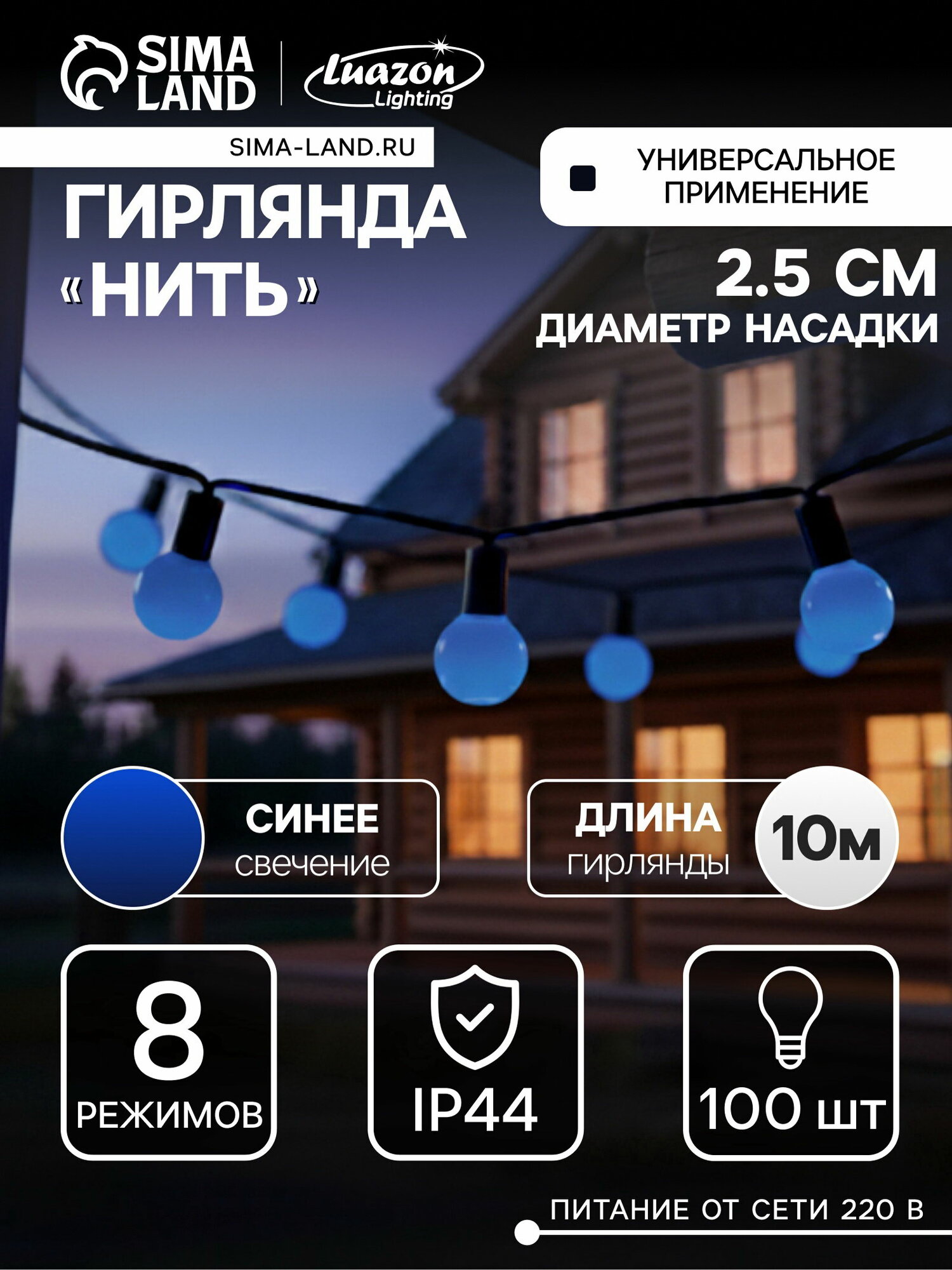 Гирлянда "Нить" 10 м с насадками "Шарики 2.5 см", IP44, тёмная нить, 100 LED, свечение синее, 8 режимов, 220 В