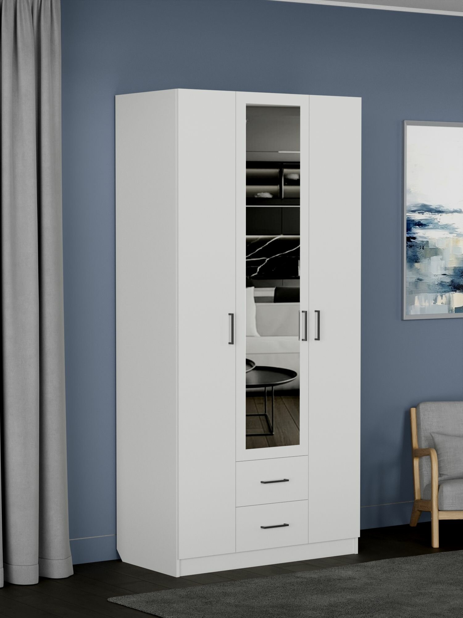 InHouse Шкаф распашной ШК-3/6 Белый 100х52х210, фасады ЛДСП с зеркалом