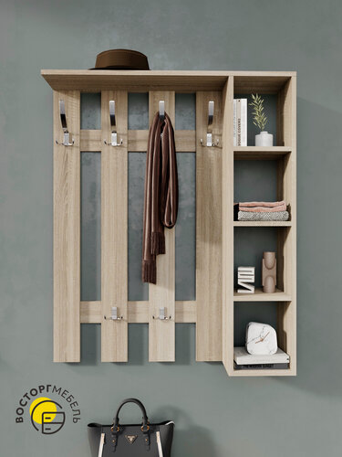 Изображение товара Настенная вешалка ВосторгМебель, с полками, бежевая, сонома, 6 крючков