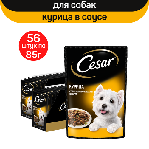 Влажный корм Cesar для взрослых собак, с курицей и зелеными овощами в соусе, 56 шт по 85 г