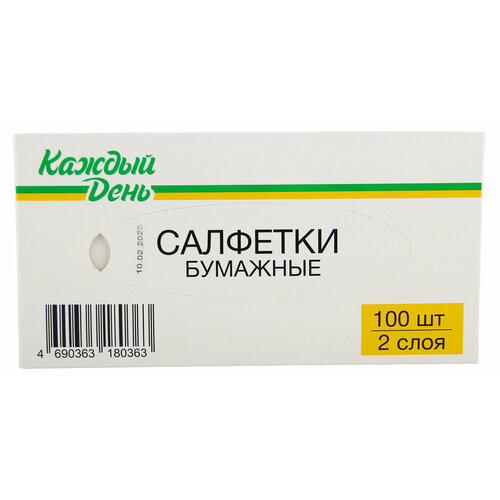 Салфетки бумажные Каждый день 2-слойные в боксе 100 шт 210₽