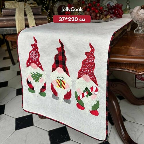 JollyCook новогодняя дорожка раннер на стол прямоугольная / хлопок, 220*37 см, красный, белый