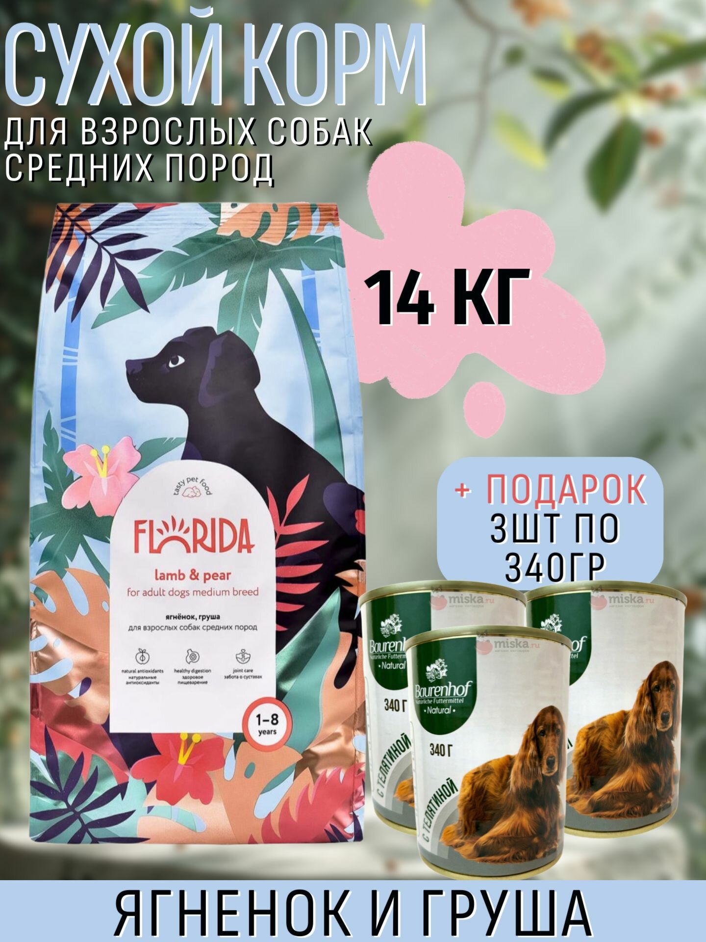 Florida Adult Dogs Medium Breed Lamb&Pear Сухой корм для собак, Ягненок и Груша 14кг + Подарок Baurenhof Natural, Телятина 3шт по 340гр