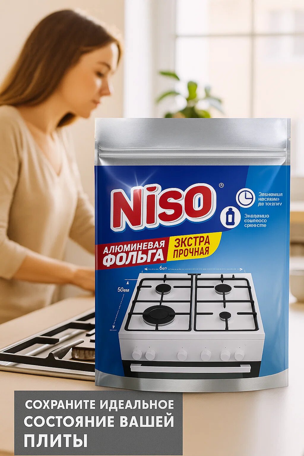 Алюминиевая фольга для газовой плиты, 50×60 см, экстра прочная, универсальная защита от жира и грязи