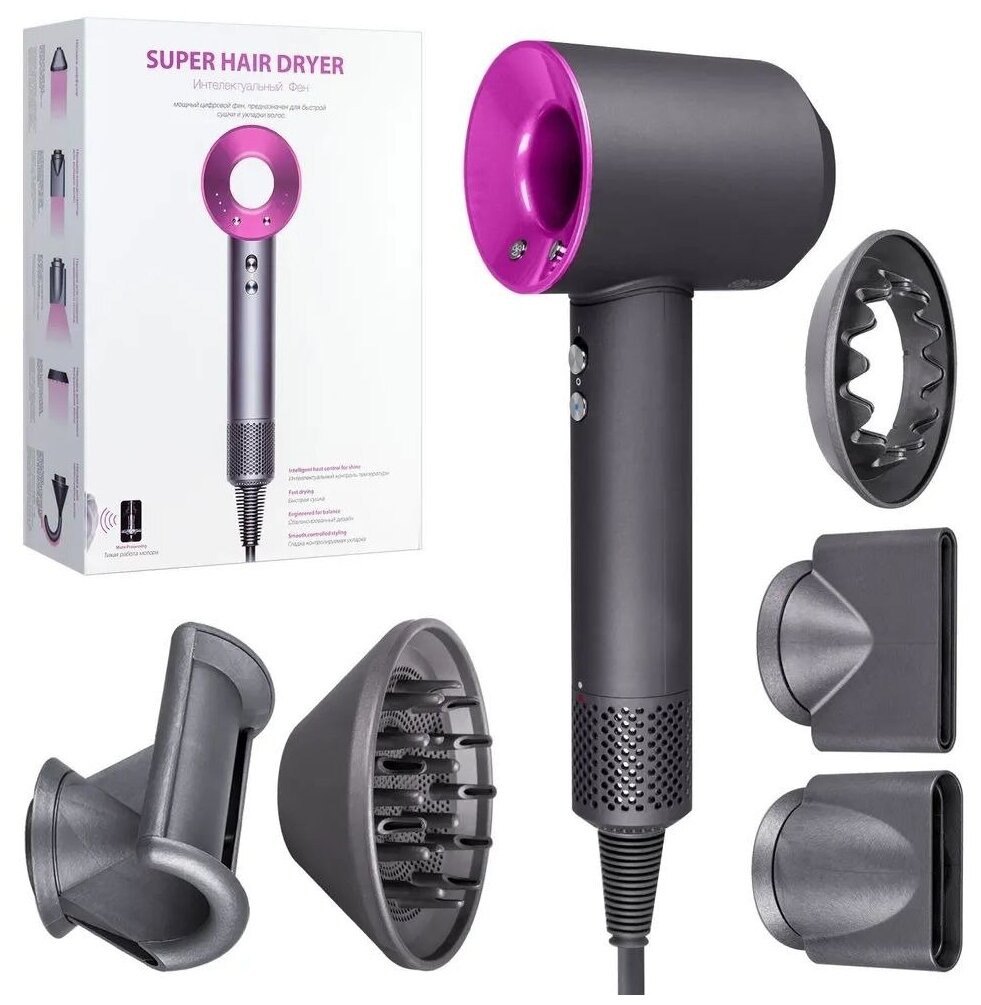 Профессиональный фен для волос iHair-1600 Super Hair Dryer, 3 режима, 5 магнитных насадок, ионизация воздуха - фотография № 4