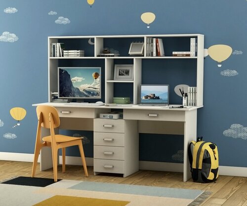 Изображение товара Стол письменный, компьютерный для двоих Лайт (Ньюкасл) 11Я с надстройкой белое дерево