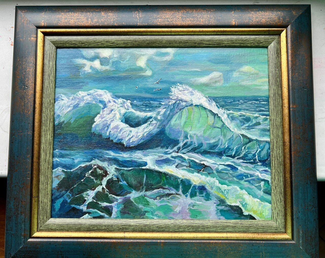 Картина ручной работы маслом на холсте пейзаж в оформление используется багет "Море дышит"
