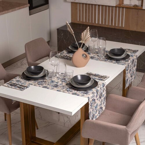 Набор дорожка на стол кухонная сервировочная скатерть 2 шт. (130х35см), 4 тканевые салфетки (44х44см). Полулен. Синее Цветение / Floraison bleue