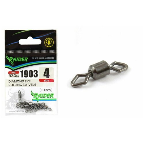 вертлюг carp pro flexi ring swivels 4 Вертлюг RAIDER DIAMOND EYE ROLLING SWIVELS (уп.10шт) №4 (test 32.0кг), для рыбалки, рыболовный