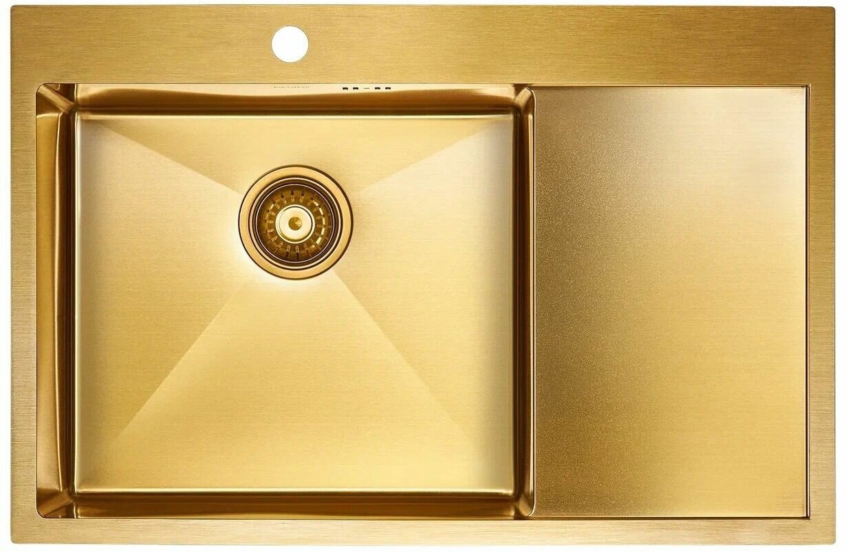 Мойка для кухни из нержавеющей стали Paulmark ATLAN, 780х510 мм, мойка слева, PVD покрытие, врезная / вровень со столешницей, цвет брашированное золото, PM217851-BGL