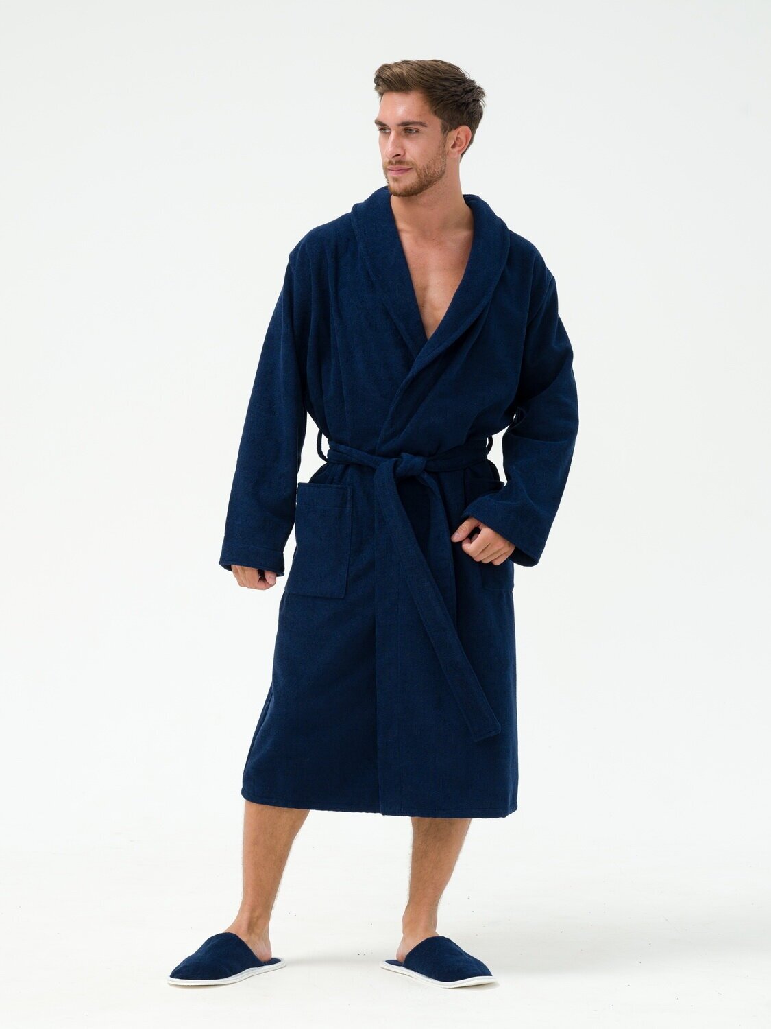 Мужской махровый халат с шалькой, темно-синий - фотография № 4