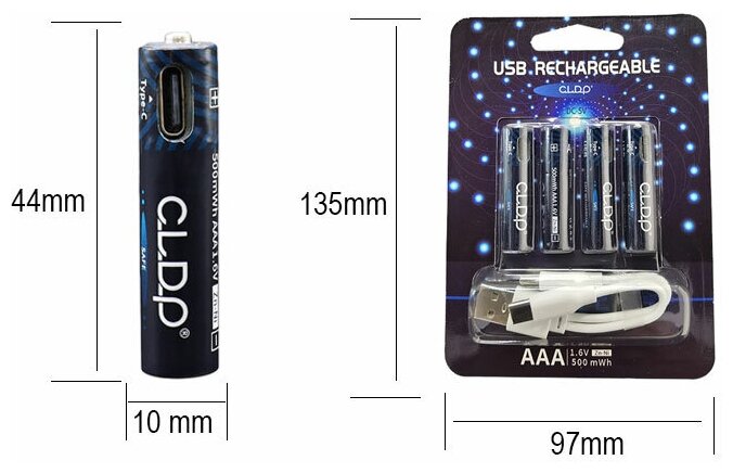Аккумуляторные батарейки ААА 1,6 v 500 mWh c USB кабелем, 4 шт.