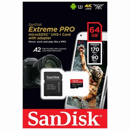 Карта памяти MicroSD 64GB SanDisk Extreme A2 UHS-I U3 (170 Mb/s) (SDSQXAH-064G-GN6GN) sd карта памяти extreme pro 64 gb