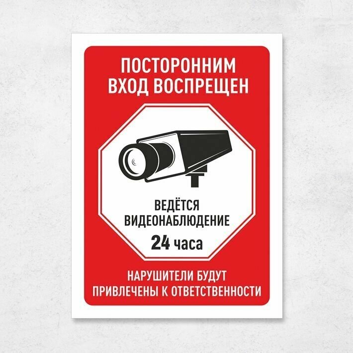 Табличка "Ведется видеонаблюдение. Посторонним вход воспрещен", 20х27 см, ПВХ