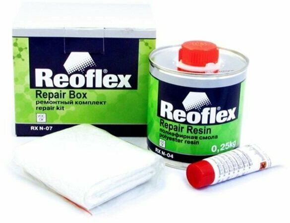 Ремкомплект для бампера авто 250 г со стеклотканью Reoflex Repair Box + отвердитель 15 г / Ремонтный комплет для машины / Полиэфирная смола для пластика и сквозных дыр RX N-07