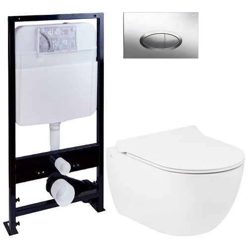 Комплект Унитаз подвесной Seramiksan Hill A031161H безободковый, с микролифтом + Система инсталляции EWRIKA + Кнопка смыва EWRIKA 0051 хром