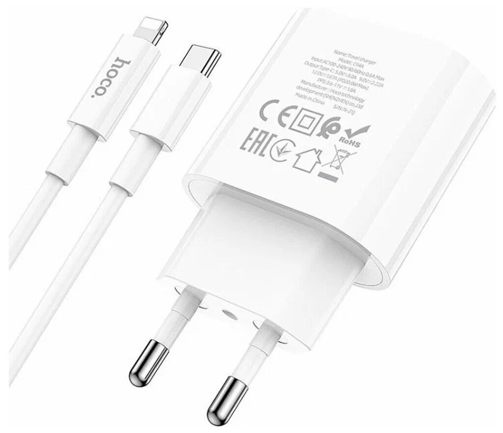 Комплект для зарядки iPhone кабель и блок питания /USB-c Lightning/Hoco c94a/1 метр/белый/передача данных/с поддержкой быстрой зарядки - фотография № 2