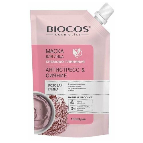 Маска для лица BioCos на основе розовой глины, Антистресс и Сияние в дойпаке, 100 мл