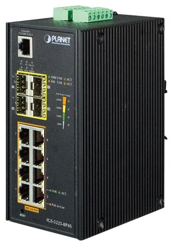 Коммутатор Planet L2+, 8х10/100/1000T 802.3at PoE, 4х100/1000X SFP, Redundant Ring, монтаж на DIN-рейку, -40С~75C - фото №1