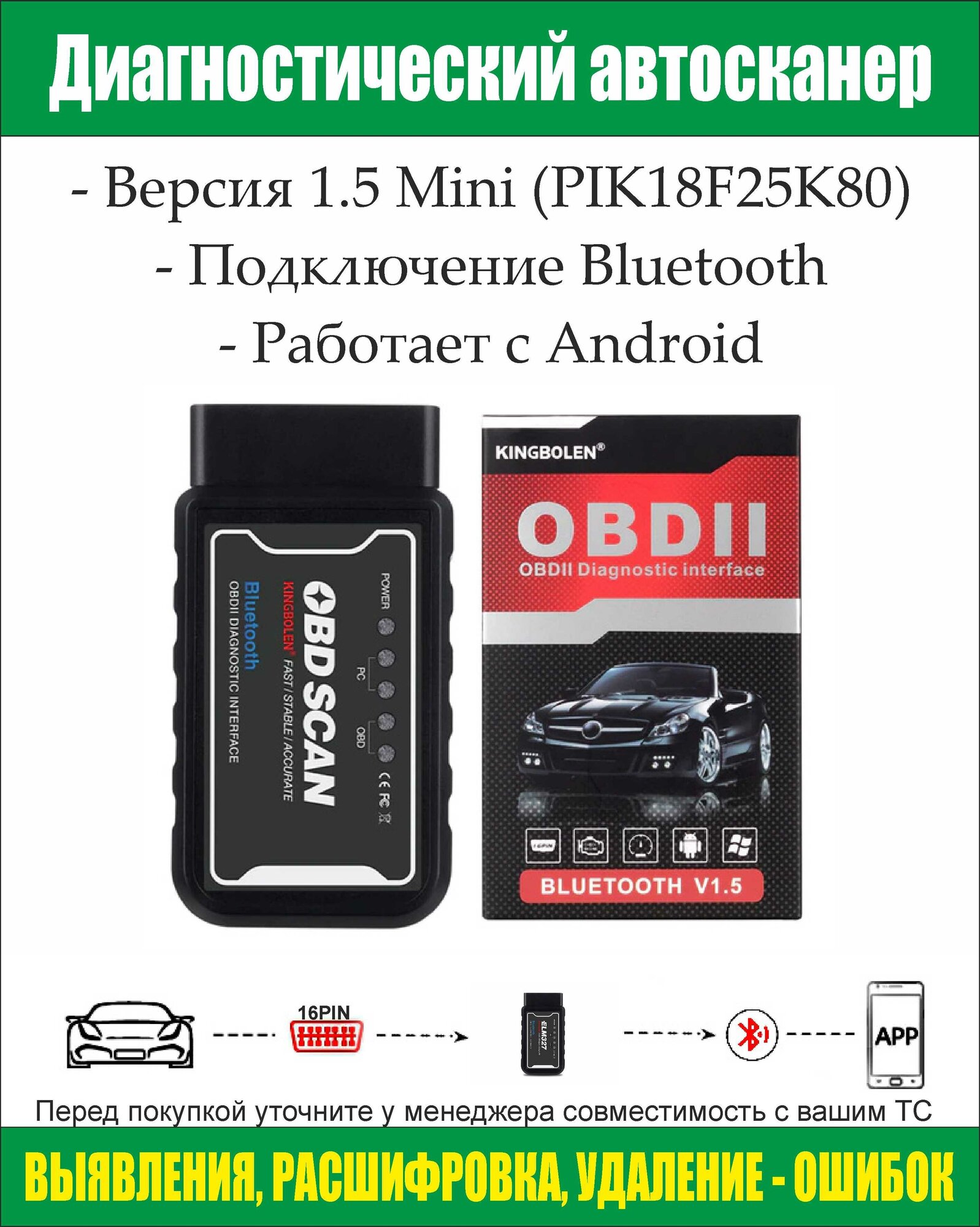 Автосканер OBD2 ELM327 Bluetooth v1.5 KINGBOLEN