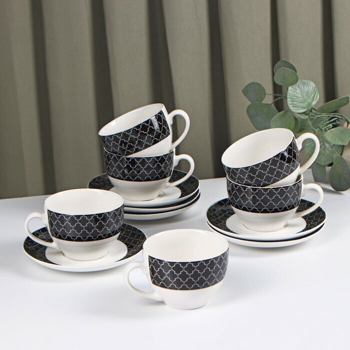 Доляна Сервиз фарфоровый чайный Доляна «Марокко», 12 предметов: 6 чашек 280 мл, 6 блюдец d=15 см, цвет белый и чёрный