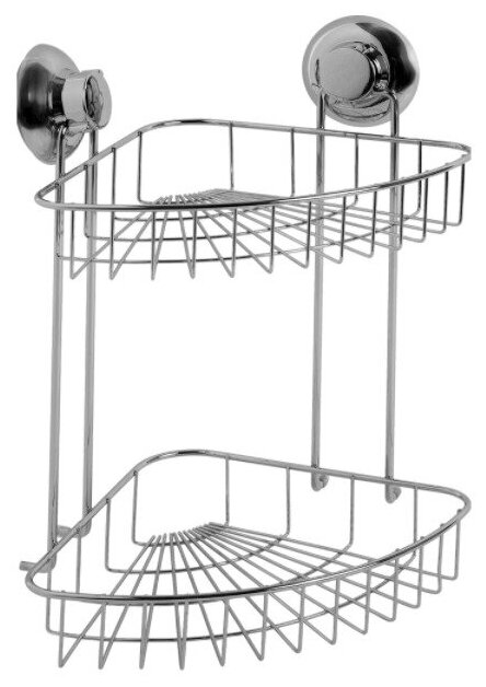Корзинка подвесная угловая двойная на вакуумной присоске сталь цвет хром. Компактная но вместительная полка на которой можно расположить средства