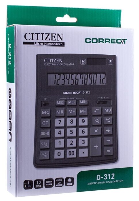 Калькулятор настольный Citizen Correct D 12 разр двойное питание 155*205*28мм черный