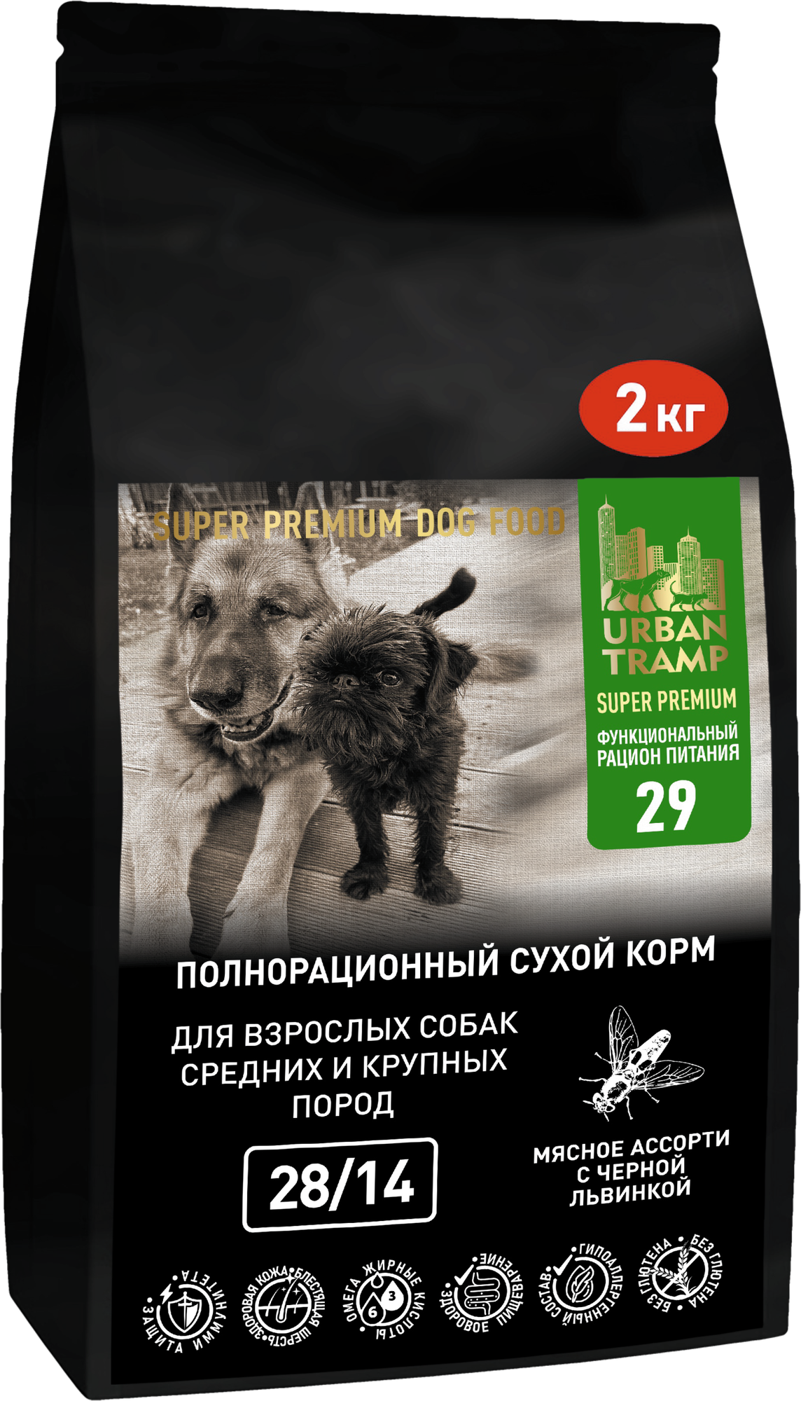 URBAN TRAMP - Сухой корм «SUPER PREMIUM» класса мясное ассорти с энтомопротеином (черная львинка) для взрослых собак средних и крупных пород.