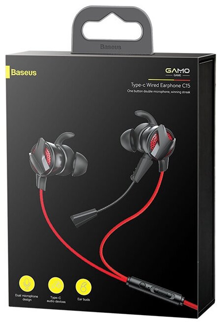 Наушники Baseus GAMO Type-C/AUX Wired Earphone C15, двойной микрофон, Красный, NGC15-91