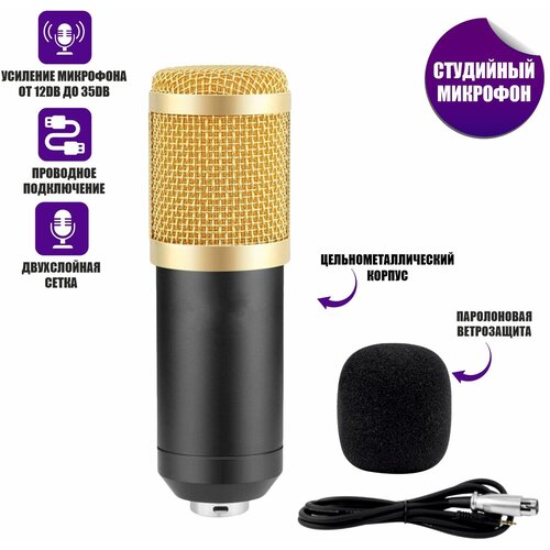 Микрофон BM-800 конденсаторный с ветрозащитой кабелем XLR-Jack 35 черно-золотой 136900₽