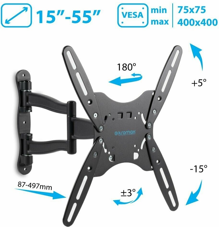 Кронштейн наклонно-поворотный Kromax Techno-5 15-55' до 35кг Vesa до 400x400 серый