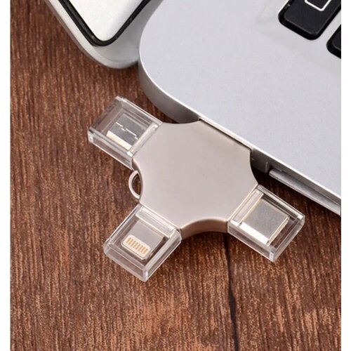USB Переходник, Флеш-накопитель 64GB, i-Flash Device 4 в 1, флешка для iPhone, iPad, Android, Windows, Mac, Ligthning, Type-C, Серебристый