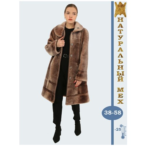Пальто , мутон, удлиненное, силуэт трапеция, карманы, размер 50, коричневый, бежевый